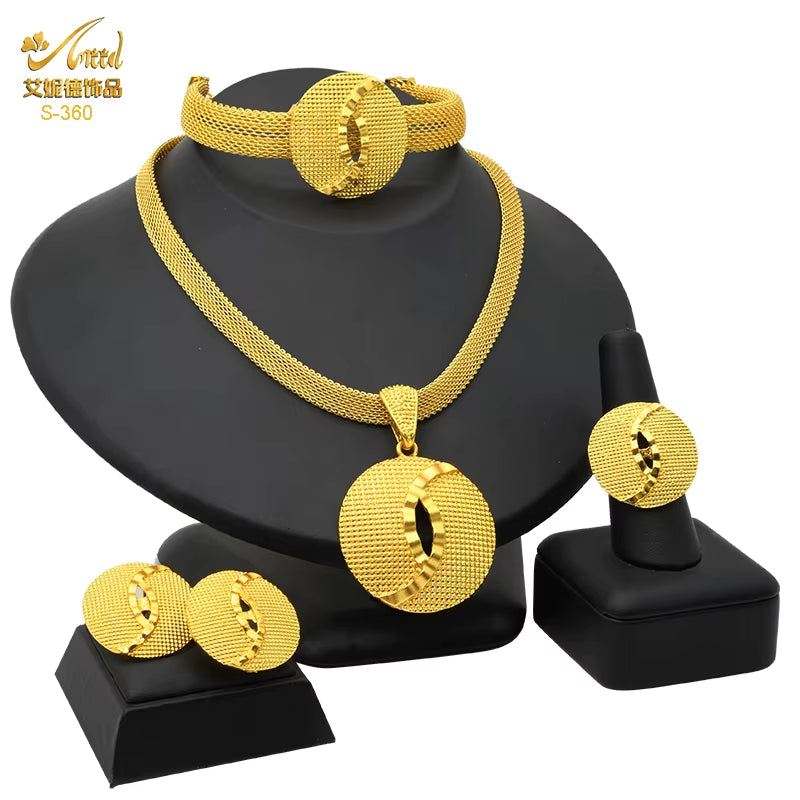 Dubai 24K Gold Color Jewelry Set for Women African Nigerian Necklace Set Earrings and Bracelets Bridal Indian Fashion