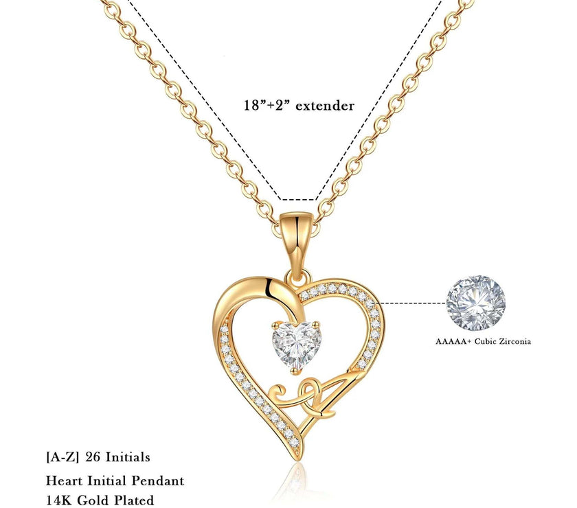 Initial Heart Necklace for Women Cubic Zirconia 14K Gold Plated Initial Heart Pendant Necklace