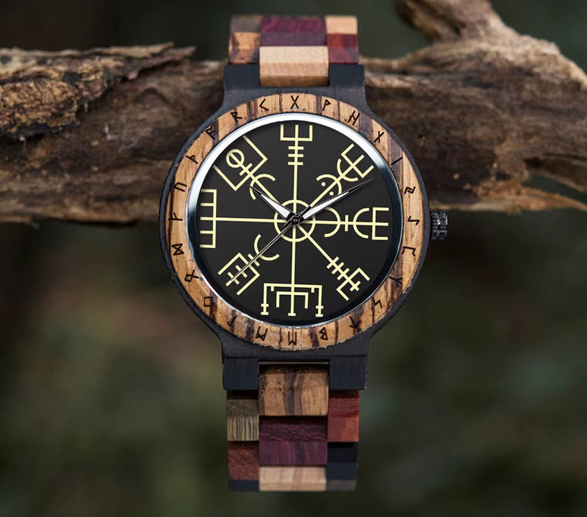 Viking Watches  Wooden Men Watch Top Japanese Quartz Movement Wristwatch with Helm of Awe Runic Circle Fashion Gift Box