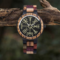 Viking Watches  Wooden Men Watch Top Japanese Quartz Movement Wristwatch with Helm of Awe Runic Circle Fashion Gift Box