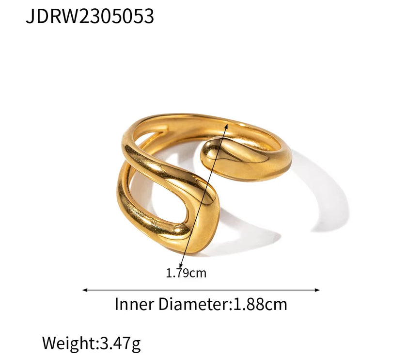 Uworld Stainless Steel Geometric Hollow Layered Wide Ring Metal Texture Waterproof Daily Simple Stylish Golden Jewelry for Women