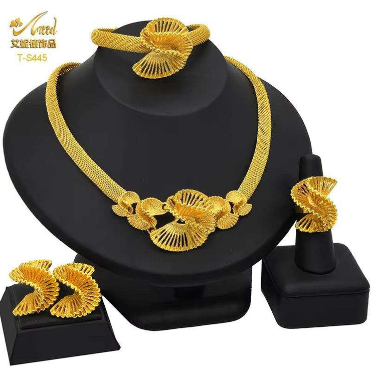Dubai 24K Gold Color Jewelry Set for Women African Nigerian Necklace Set Earrings and Bracelets Bridal Indian Fashion