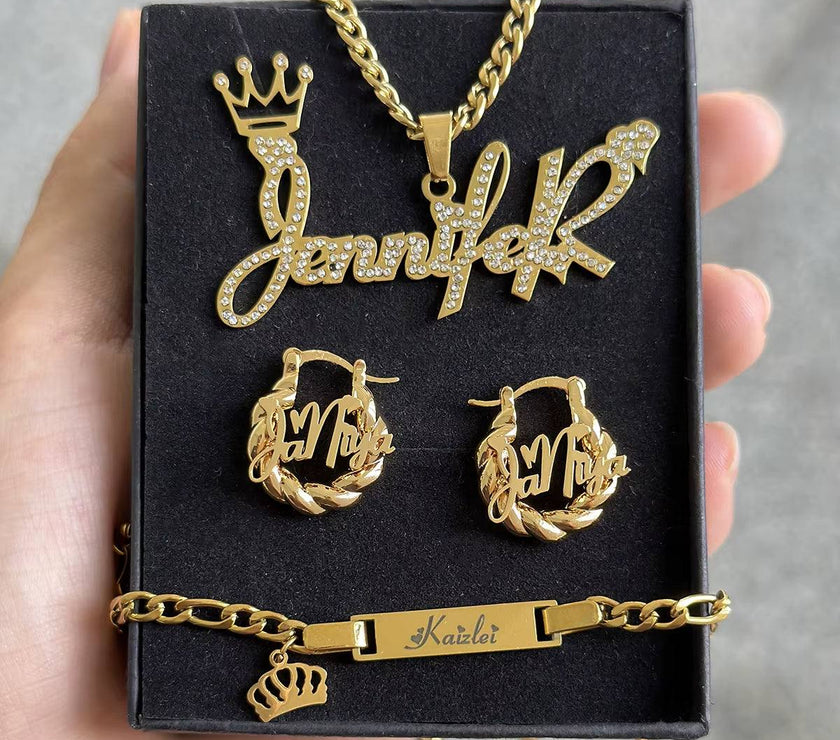 DHQH Original New Custom Name Set Jewelry Stainless Steel Love Crown Name Pendant Engraved Name Children'S Bracelet Necklace Set