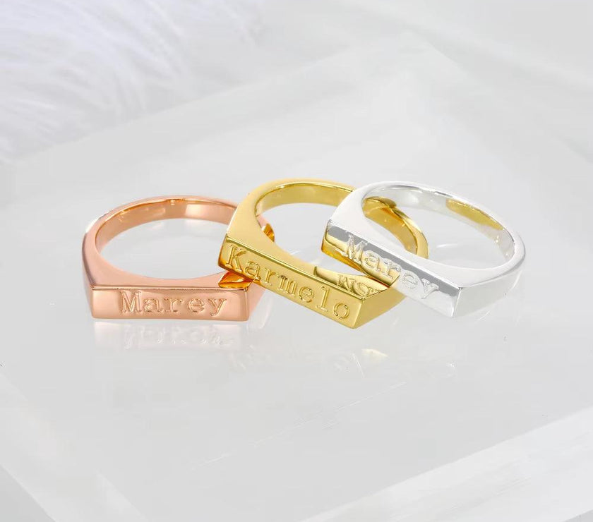 Custom Engraved Name Bar Ring Initial Letter Ring Women Jewelry Stackable Minimalist Textured Bar Rings Gift