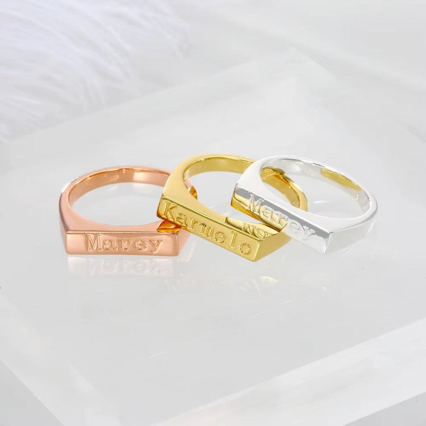 Custom Engraved Name Bar Ring Initial Letter Ring Women Jewelry Stackable Minimalist Textured Bar Rings Gift