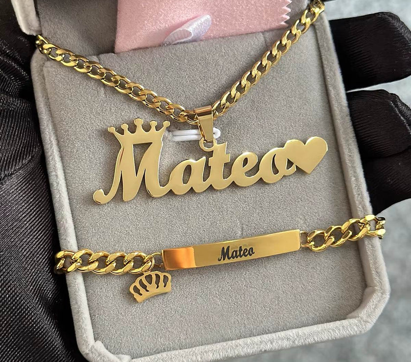 DHQH Original New Custom Name Set Jewelry Stainless Steel Love Crown Name Pendant Engraved Name Children'S Bracelet Necklace Set