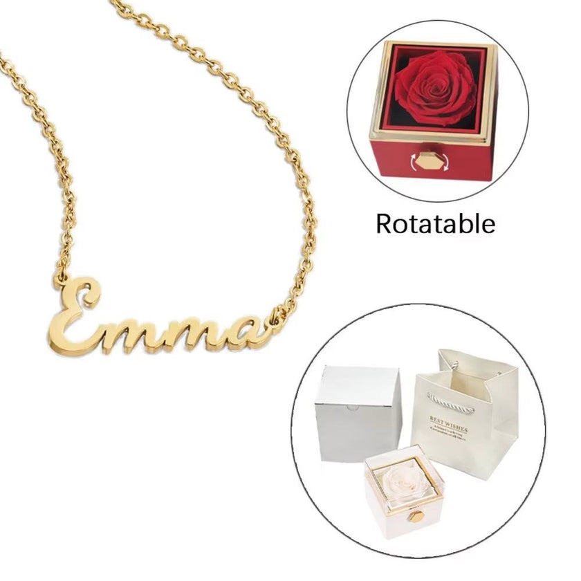 Twisted ETERNAL ROSE Box-Customized Name Necklace & REALROSE Flower Gift Box Heart Customize Jewelry Valentine'S Day Gift for Girlfriend