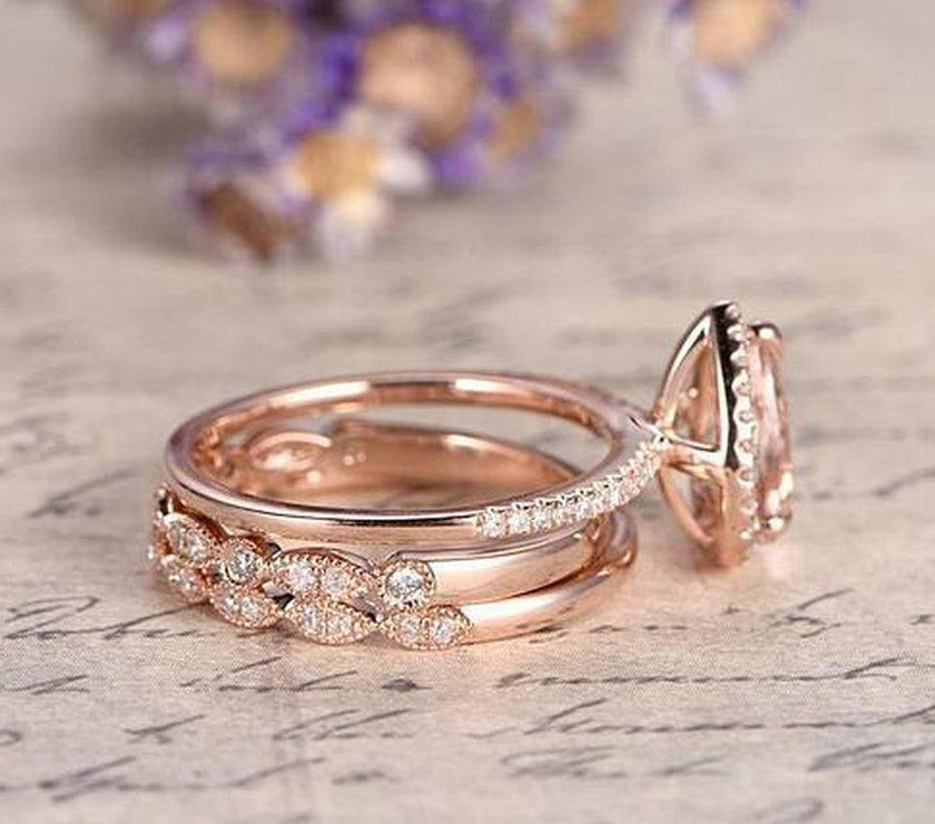 1.75 Carat Pear Cut Lab Created Morganite Art Deco Trio Bridal Set in 18K Rose Gold over Silver