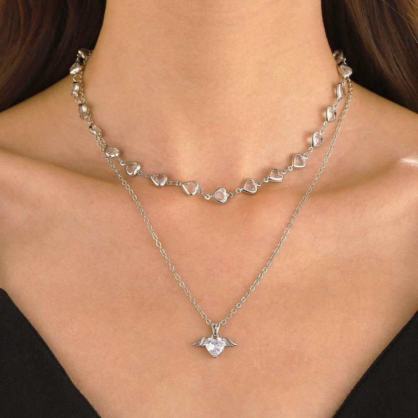 Fashionable Design Crystal Heart Pendant Necklaces for Women Heart Necklace Angle Necklace Dainty Layered Pendant Necklaces Jewelry Gift for Her