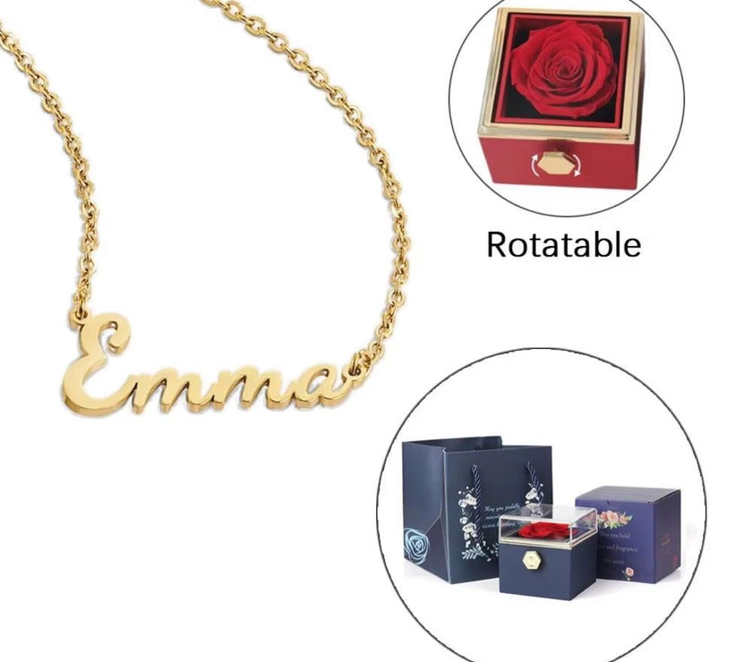 Twisted ETERNAL ROSE Box-Customized Name Necklace & REALROSE Flower Gift Box Heart Customize Jewelry Valentine'S Day Gift for Girlfriend