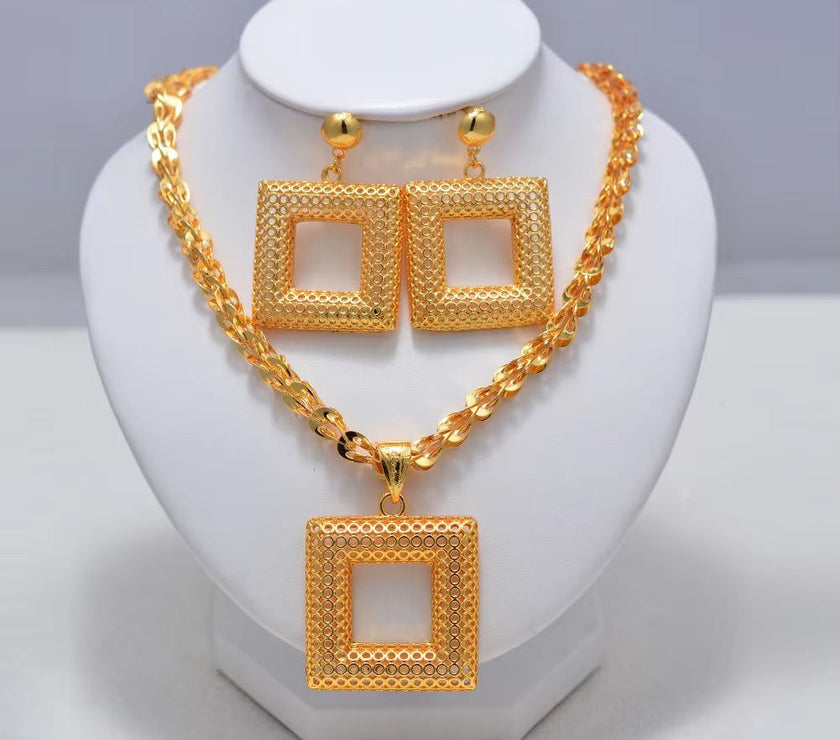 Fashion New Gold Color Wedding Jewelry Set Party Bride Women with Earrings Necklace