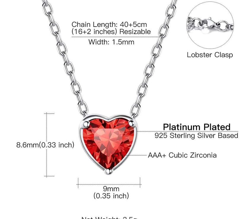 Dainty Silver Necklace Women 925 Sterling Silver Birthstone Love Heart Necklace, Birthday Valentines Gift