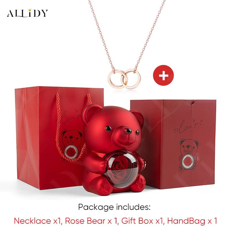 Women's Red Eternal Rose Teddy Bear with Stainless Steel Custom Names Necklace Jewelry Gifts Set for Woman Valentine'S Gift