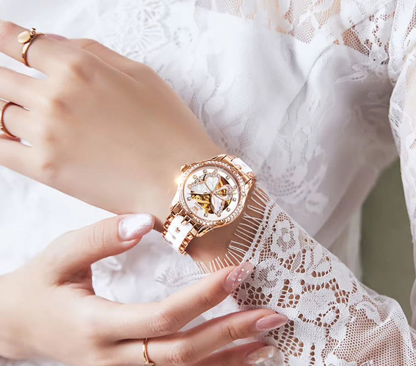 Automatic Watches for Women Luxury Rose Gold Skeleton Mechanical Waterproof Luminous Women Bracelets Watches Elegant Set