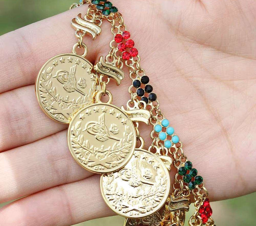 Fashion Color Austrian Crystal Golden Oman Coin Allah Tassel Women Charm Necklaces Muslim Party Wedding Luxury Jewelry Gift