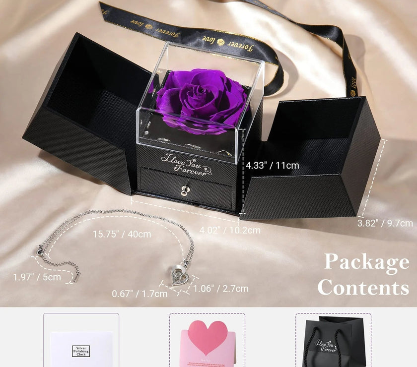 Preserved Rose Flower with Heart Necklace, Eternal Purple Real Rose with Music LED Lights for Her Women Wife Grandma Anniversary Birthday Romantic Gifts, Purple