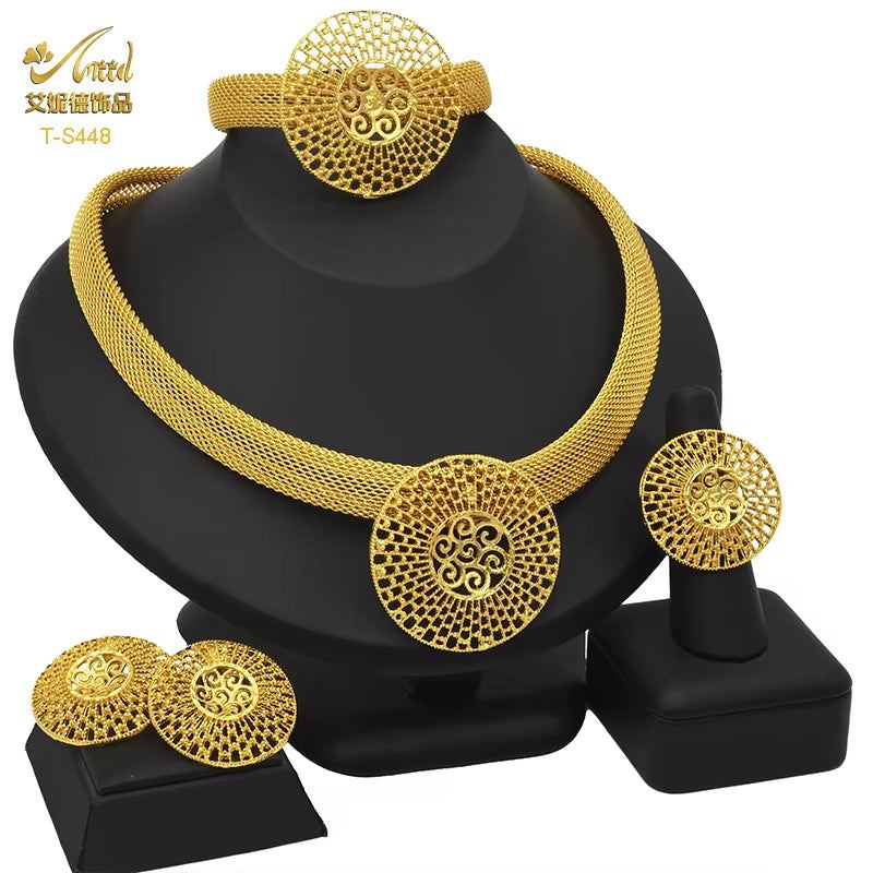 Dubai 24K Gold Color Jewelry Set for Women African Nigerian Necklace Set Earrings and Bracelets Bridal Indian Fashion