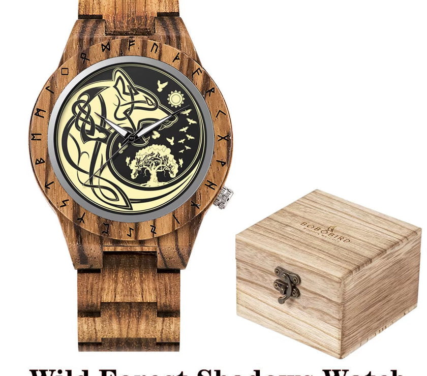 Viking Watches  Wooden Men Watch Top Japanese Quartz Movement Wristwatch with Helm of Awe Runic Circle Fashion Gift Box