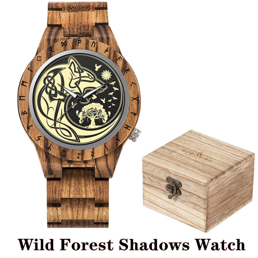 Viking Watches  Wooden Men Watch Top Japanese Quartz Movement Wristwatch with Helm of Awe Runic Circle Fashion Gift Box