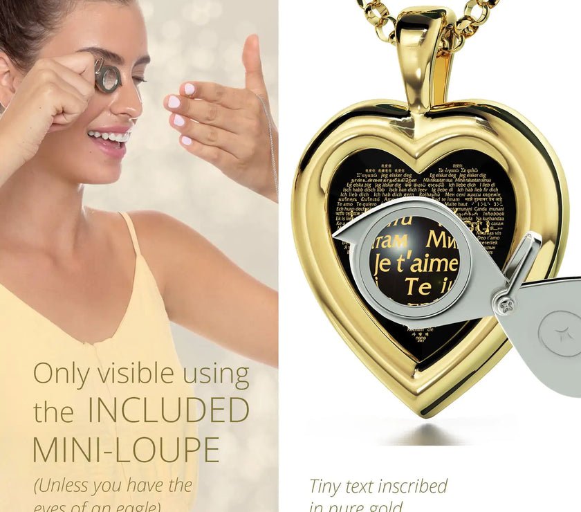Gold Plated Silver Heart Pendant I Love You Necklace 120 Languages 24k Gold Inscribed