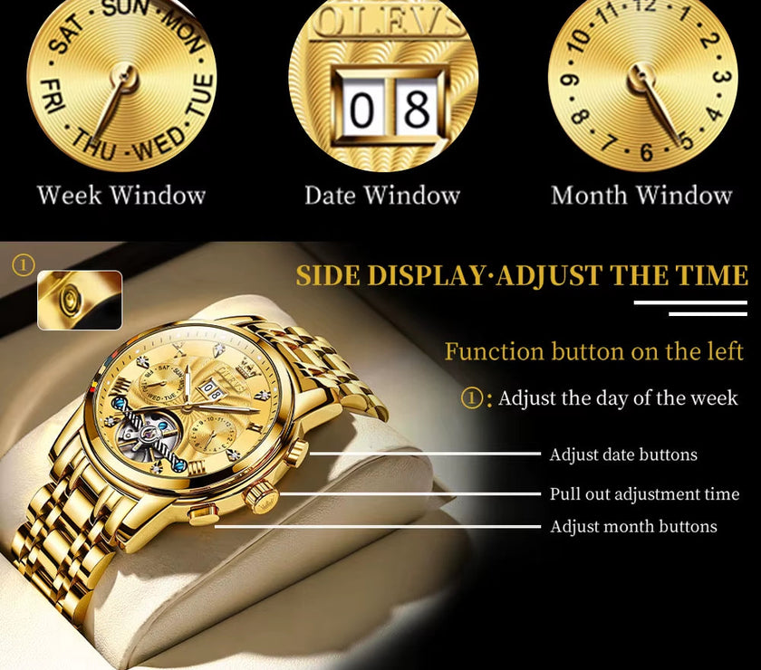 Mechanical Watches Automatic Watch Men Waterproof Stainless Steel Strap Skeleton Gold Watch Male Wristwatch