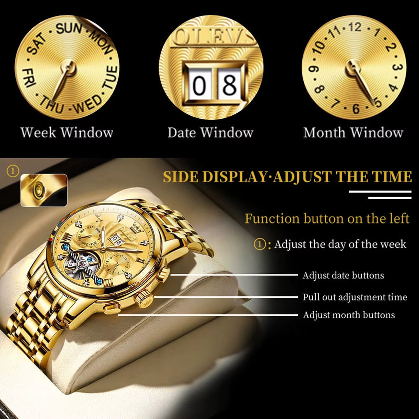Mechanical Watches Automatic Watch Men Waterproof Stainless Steel Strap Skeleton Gold Watch Male Wristwatch