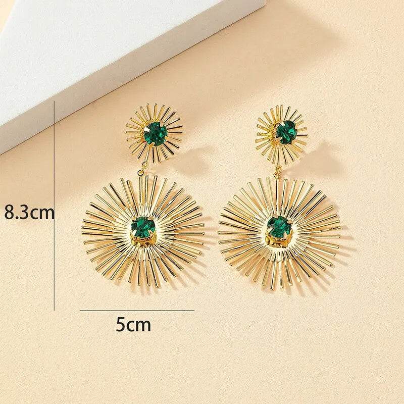 Product Description Green Stone Big Metal Dangle Earring Post for Women Gold Color Vintage Geometric Statement Drop Earrings New Style