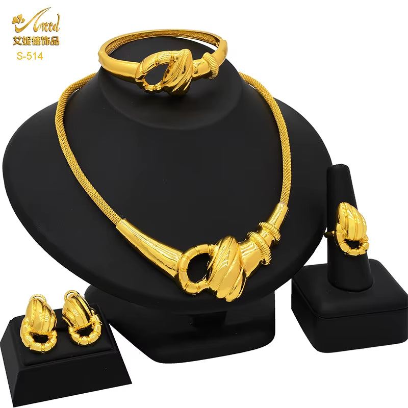 Dubai 24K Gold Color Jewelry Set for Women African Nigerian Necklace Set Earrings and Bracelets Bridal Indian Fashion