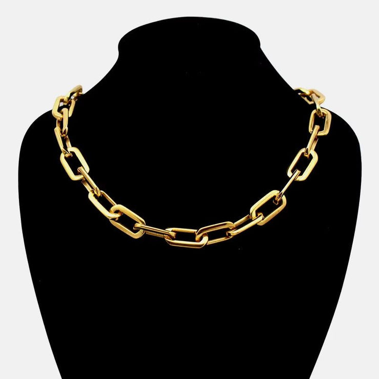 Thick Flat Rounded Rectangle Gold-Color Link Chain Necklace Men Women Stainless Steel Fashion Jewelry 1 Piece