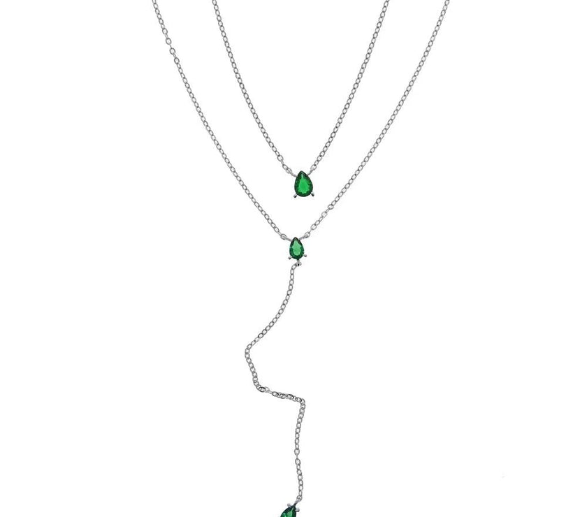 Gold Color Tear Drop Cubic Zirconia Double Layer Choker Lariat Long Women Necklace European Female Fashion Jewelry