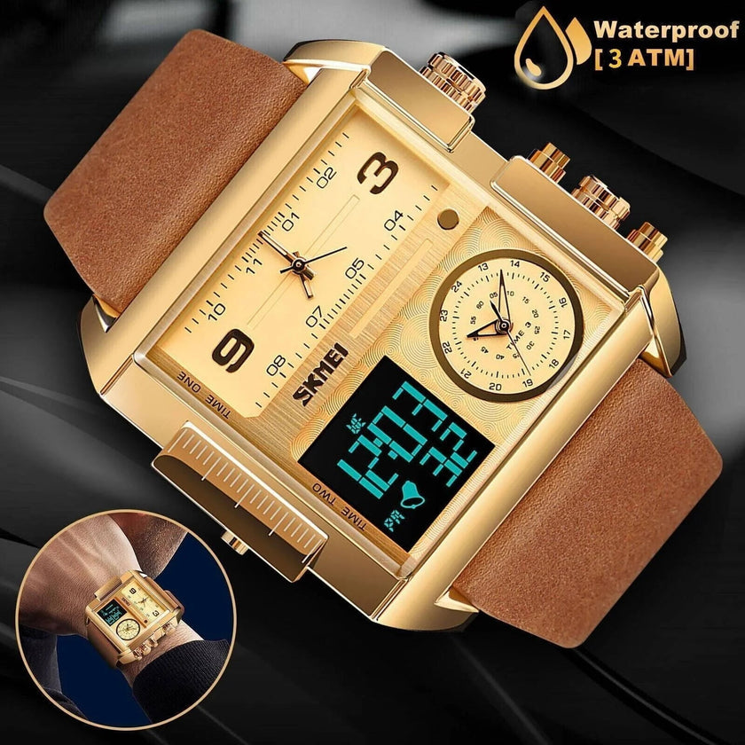 Mens SKMEI Men Watch Large Dial Digital Quartz Sport Stopwatch Leather Wristwatch New