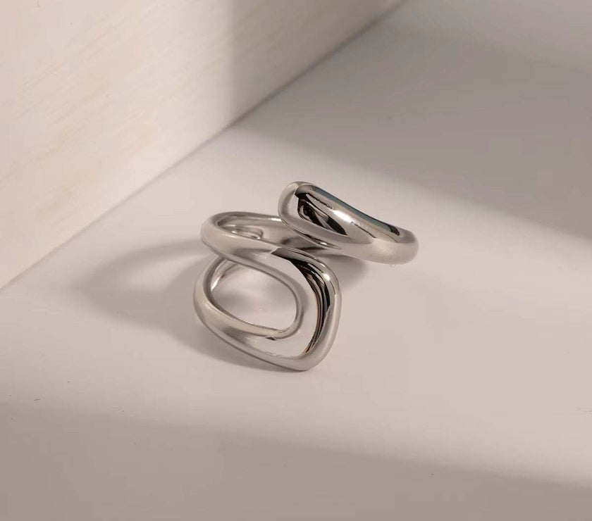 Uworld Stainless Steel Geometric Hollow Layered Wide Ring Metal Texture Waterproof Daily Simple Stylish Golden Jewelry for Women
