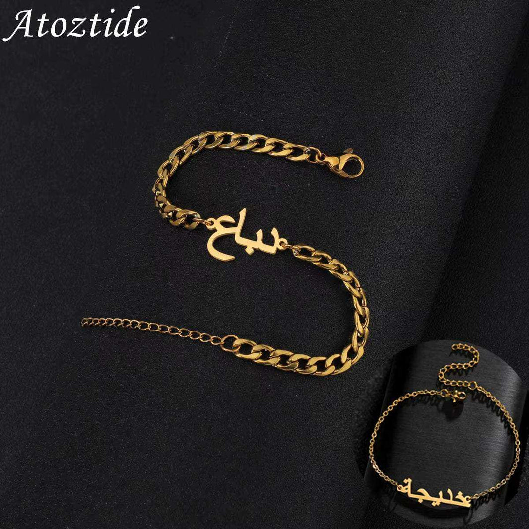 Atoztide Custom Arabic Name Bracelet Stainless Steel Charms Handchain Engraved Letter Thick 5Mmnk Chain Bangle Jewelry Gift
