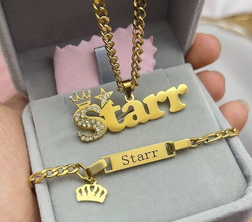 DHQH Original New Custom Name Set Jewelry Stainless Steel Love Crown Name Pendant Engraved Name Children'S Bracelet Necklace Set