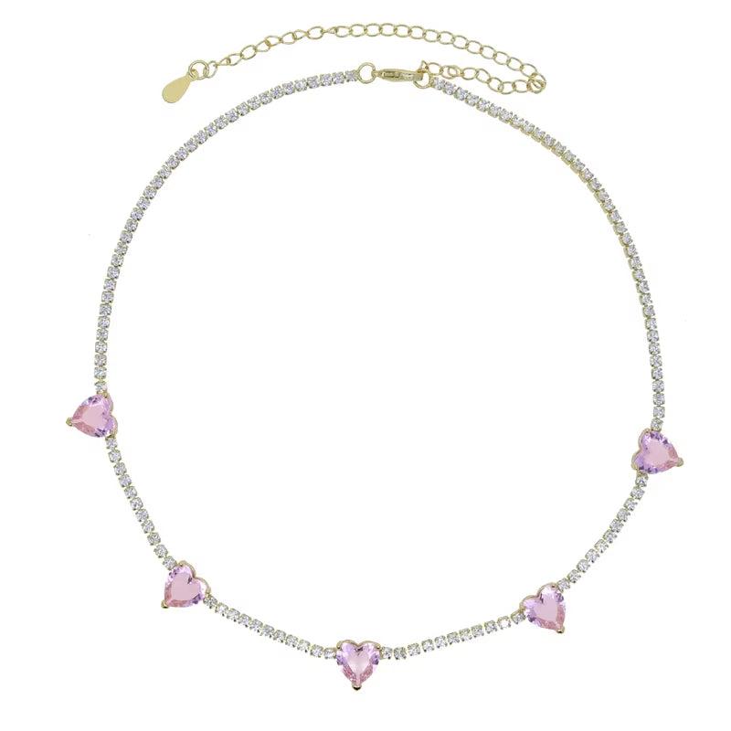 Valentine'S Day Gift Heart Design Fashion Jewelry Gold Color 3Mm CZ Tennis Chain Colorful Heart Stone Choker Necklace