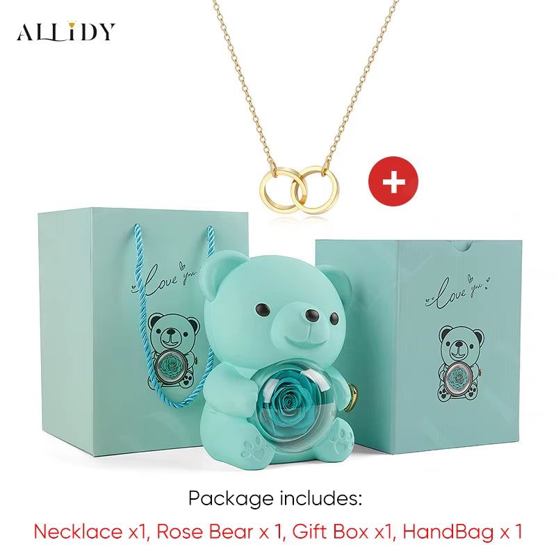 Women's Red Eternal Rose Teddy Bear with Stainless Steel Custom Names Necklace Jewelry Gifts Set for Woman Valentine'S Gift