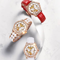 Automatic Watches for Women Luxury Rose Gold Skeleton Mechanical Waterproof Luminous Women Bracelets Watches Elegant Set
