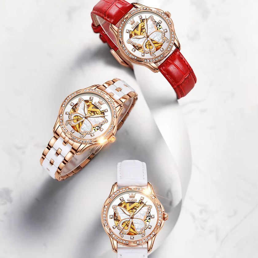 Automatic Watches for Women Luxury Rose Gold Skeleton Mechanical Waterproof Luminous Women Bracelets Watches Elegant Set