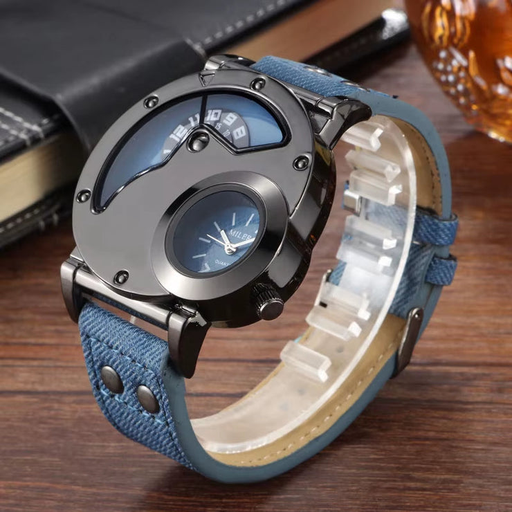 MILER Watches Men Sports Watches 2 Time Zone Blue Fabric Leather Strap Quartz Wristwatches Men Watches Relogio Masculino 2020