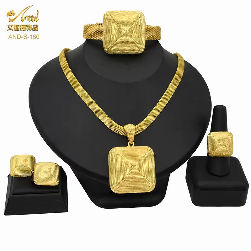 Dubai 24K Gold Color Jewelry Set for Women African Nigerian Necklace Set Earrings and Bracelets Bridal Indian Fashion