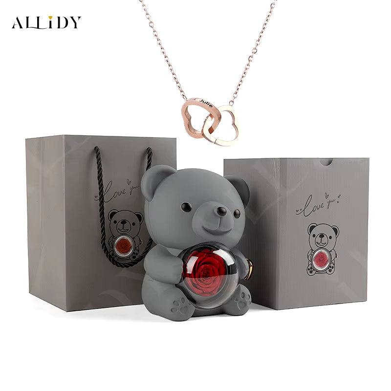 Allidy - Real Eternal Red Rose Teddy Bear Custom Name Necklace Jewelry Set Gift Box Christmas Valentine'S Birthday Wedding Gift