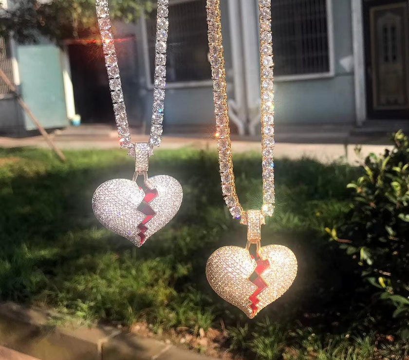 Broken Heart Necklace & Pendant Charms Chain for Men Real Gold Plated Hip Hop Jewelry