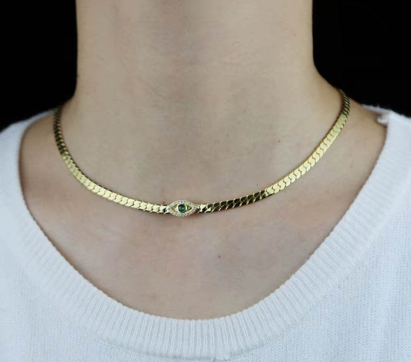 4MM Width Herringbone Chain CZ Evil Eye Charm Choker Necklace Gold Color 2023 New Design Fashion Women Jewelry
