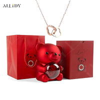 Allidy - Real Eternal Red Rose Teddy Bear Custom Name Necklace Jewelry Set Gift Box Christmas Valentine'S Birthday Wedding Gift