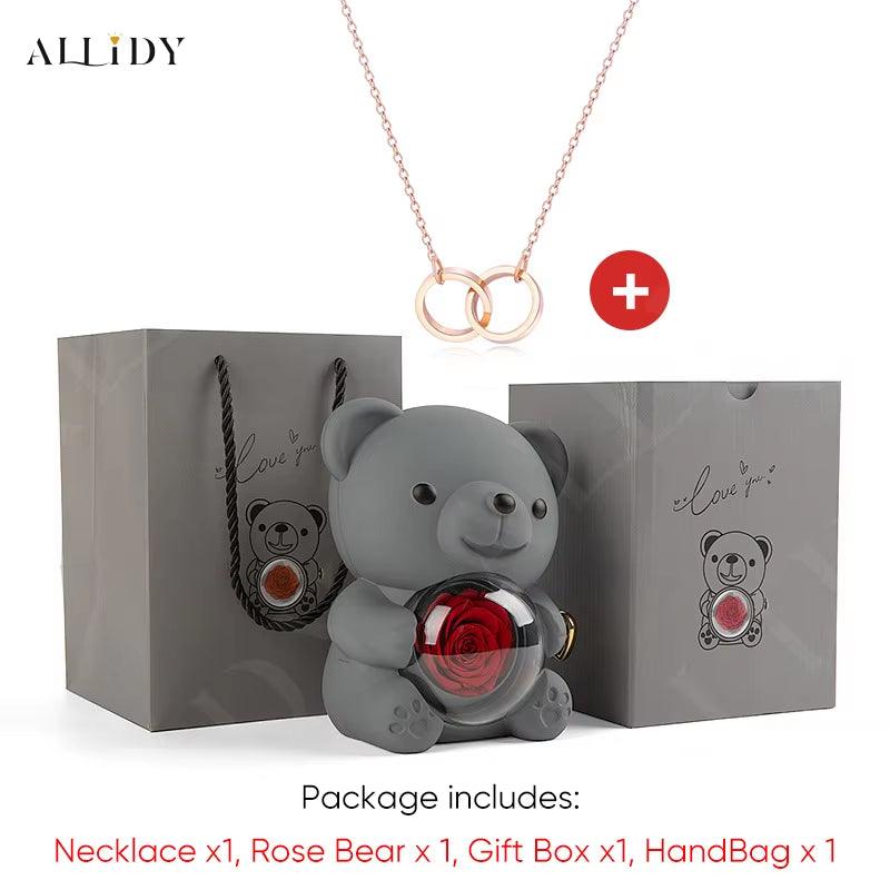 Women's Red Eternal Rose Teddy Bear with Stainless Steel Custom Names Necklace Jewelry Gifts Set for Woman Valentine'S Gift