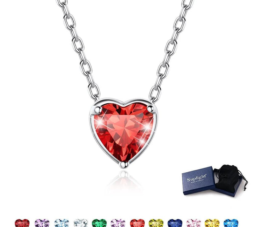 Dainty Silver Necklace Women 925 Sterling Silver Birthstone Love Heart Necklace, Birthday Valentines Gift