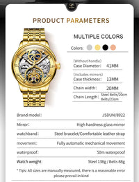 JSDUN Certified Automatic Watch for Men Skeleton Stainless Steel Waterproof Watches Business Gold Watch Top Brand Men'S Watches