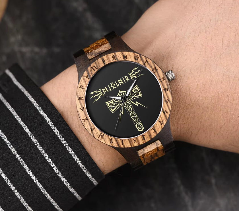 Viking Watches  Wooden Men Watch Top Japanese Quartz Movement Wristwatch with Helm of Awe Runic Circle Fashion Gift Box