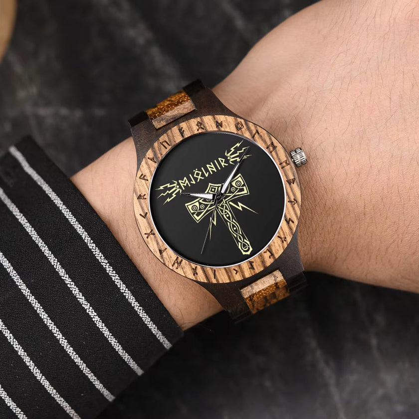 Viking Watches  Wooden Men Watch Top Japanese Quartz Movement Wristwatch with Helm of Awe Runic Circle Fashion Gift Box