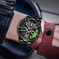 Car Watches for Men Waterproof Stainless Steel Quartz Wrist Watch Sports Men'S Watches with Car Wheel Rim Hub Design
